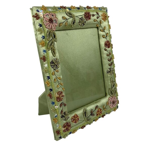 Ornate Beaded Picture Photo Frame Green Satin Fabric Sequins Floral Boho - Picture 2 of 8